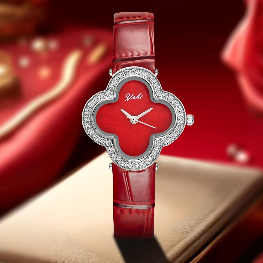 YSHI New Style Flower Shape Quartz Watches Leather Strap Elegant Women Wristwatch Ladies Watch