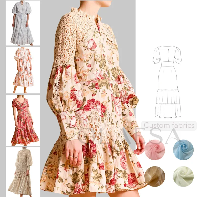 Bohemian Vintage Women Hollow Out Cotton Long Sleeve Boho Ruffles Lace Embroidery Bud Casual Dress