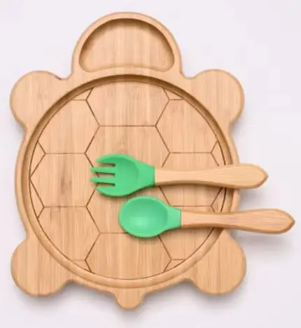 Reusable Bamboo Feeding Set 100% Eco-Friendly  Animal Shape Wooden Plate with Spoon and Fork