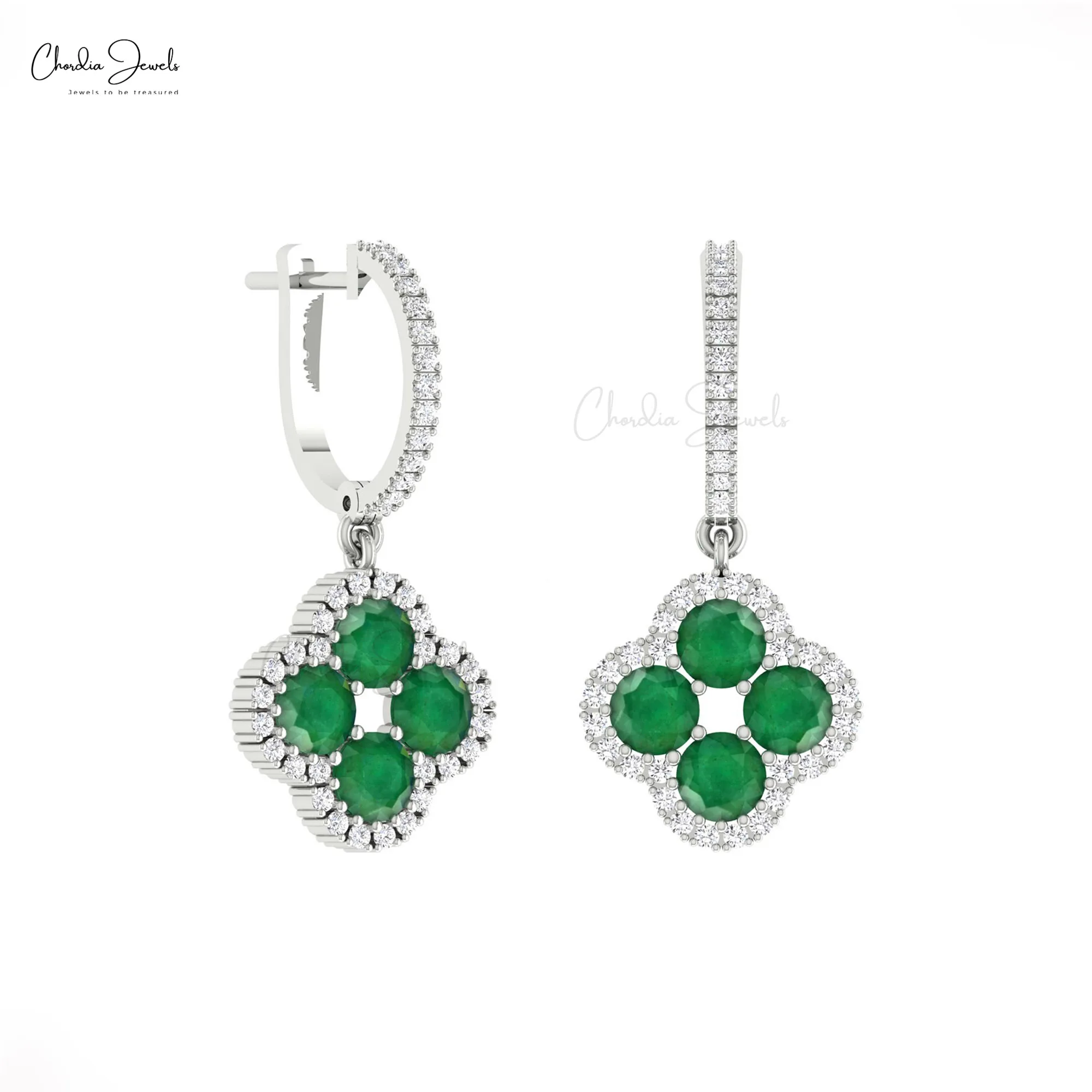 2024 New Products 4mm Round Emerald Gemstone Dangle Earrings 14k Real Gold Diamond Halo Clover Earrings Wholesale Fine Jewelry