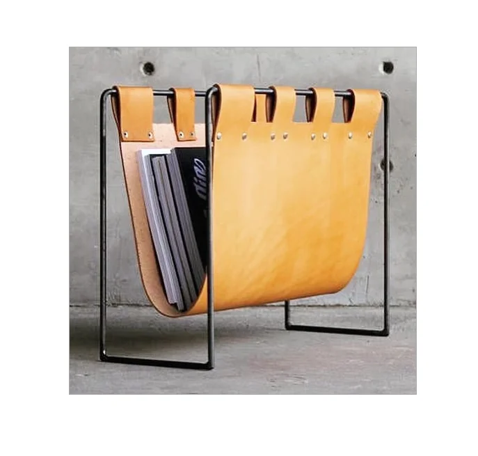 Hot Selling Bedroom Decorative Magazine Rack Book Stand In Bulk Quantity Brown Leather Golden Metal Frame Newspaper Floor Holder
