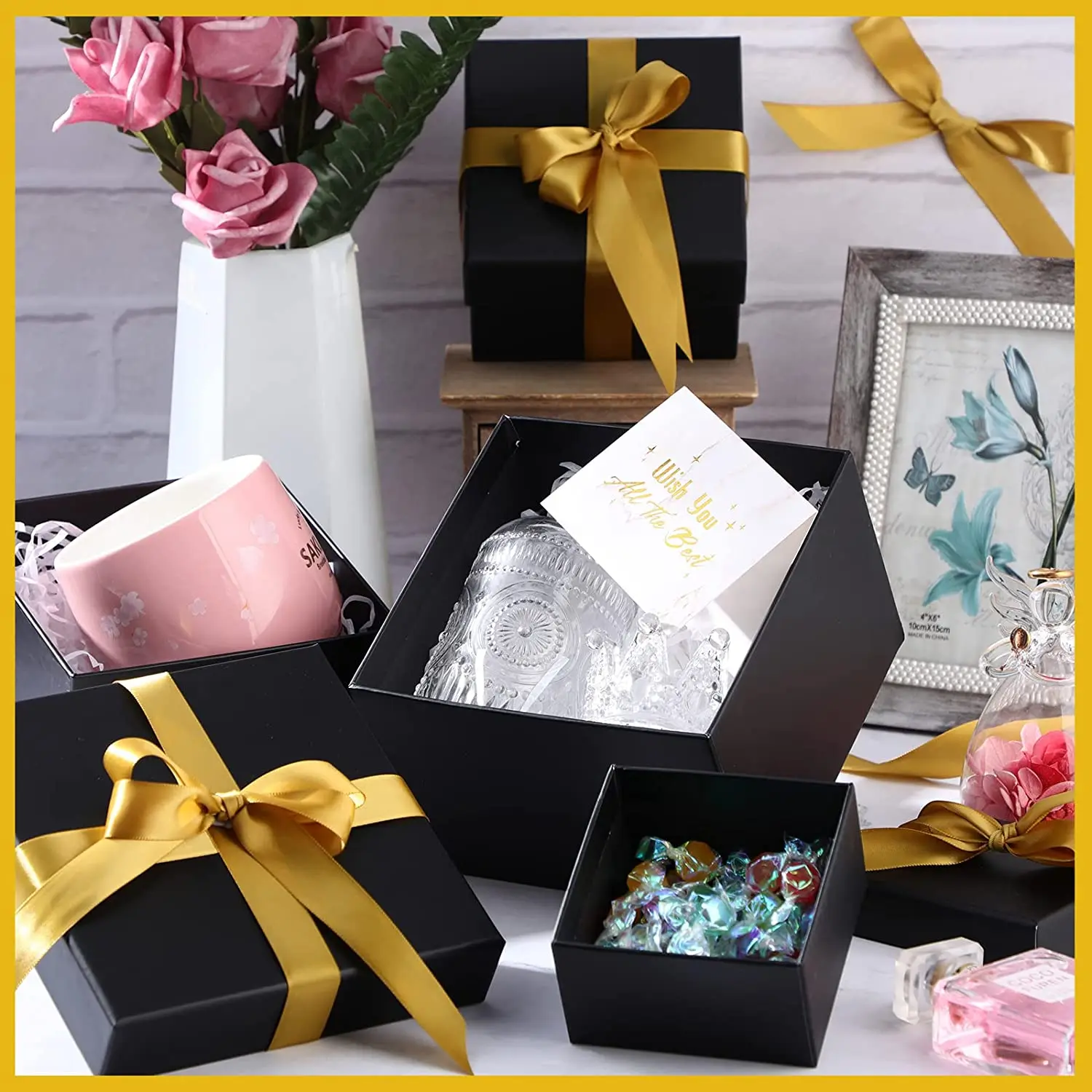 Square Boxes Stackable Favor Boxes Decorative Cardboard Box with Ribbon for  Holiday Birthday Weeding Party Gift