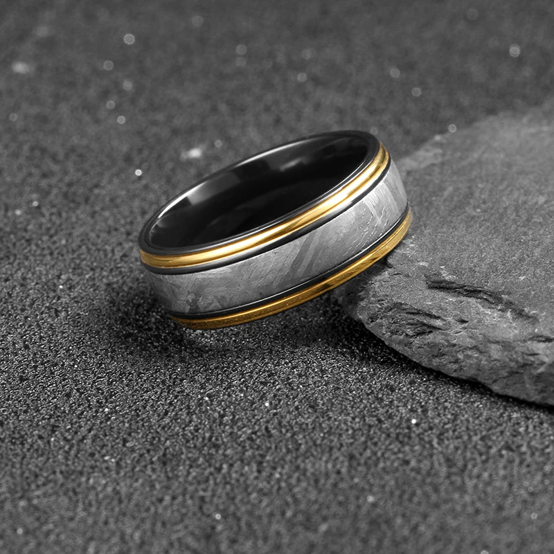 Custom Meteorite Rings mens Fashion jewelry bague homme anillos hombre Plating gold black zirconium inlay meteorite ring for men