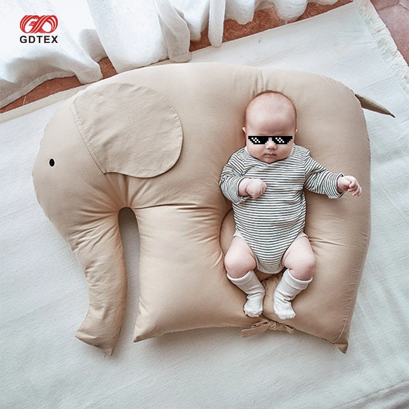 GDTEX Custom Multi Function Khaki Elephant Shape Soft Plush Animal Comforter Cushion Baby Bedding Crib Newborn Nest Baby Lounger