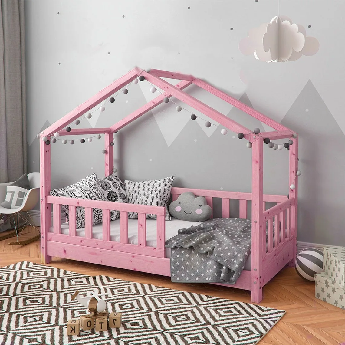 Adorable wooden kid bedroom furniture house shaped children bed sturdy wood toddler frame beds