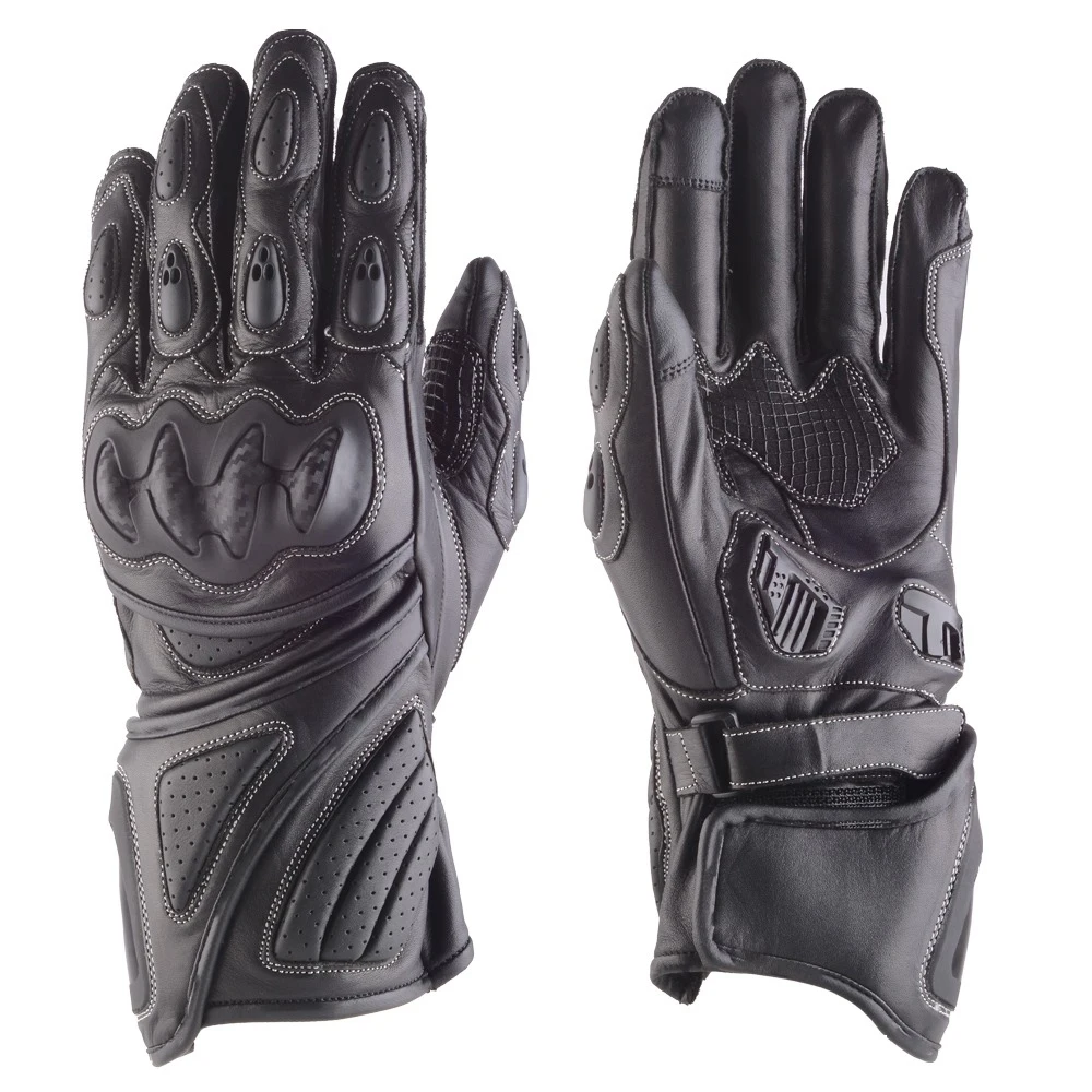 Motorbike Gloves Black Leather White Stitching Motorcycle Auto Racing Long Style Touch Screen Cafe Racer Safety Biker Gloves