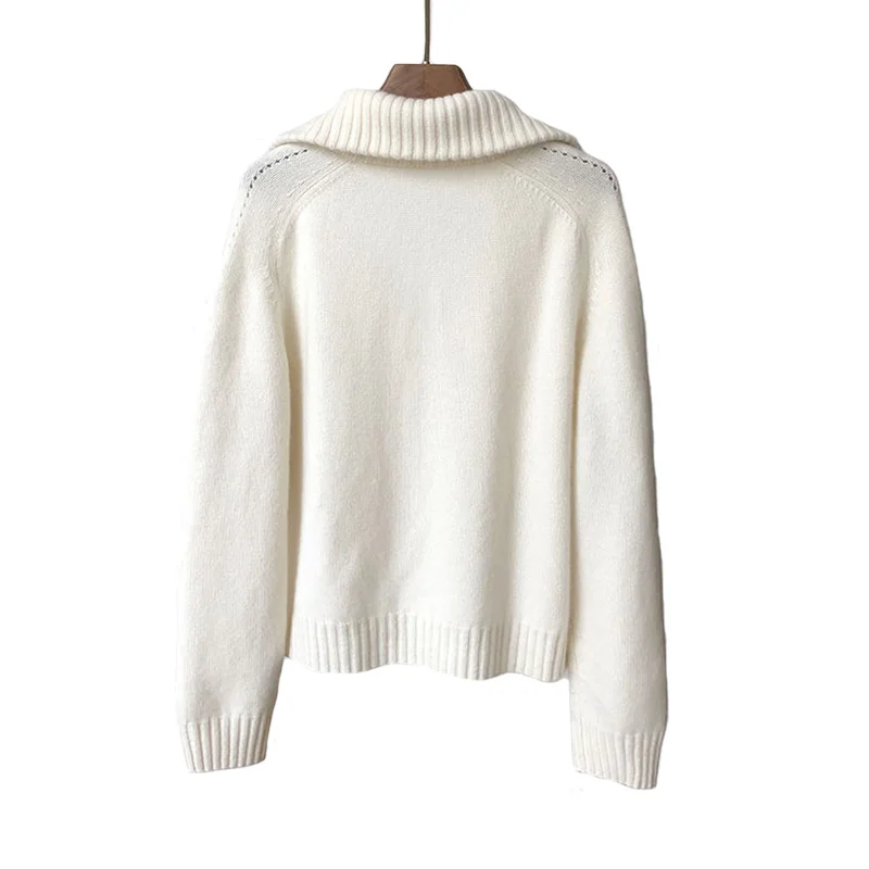 Women Elegant  Designer Sailor Collar Cashmere Wool Knit Jumper Sweater with Pockets