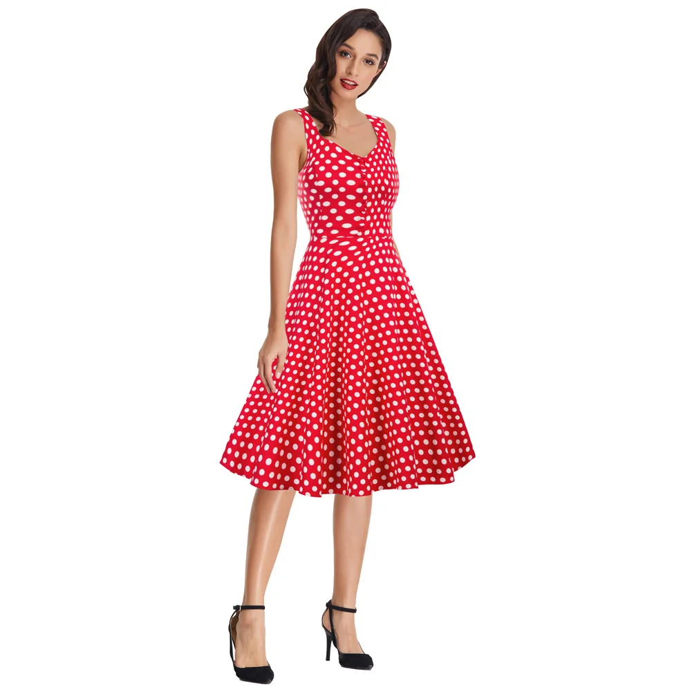 BP000416 Sleeveless V-Neck Flared Cotton Floral Printed A-Line Retro Vintage Dress