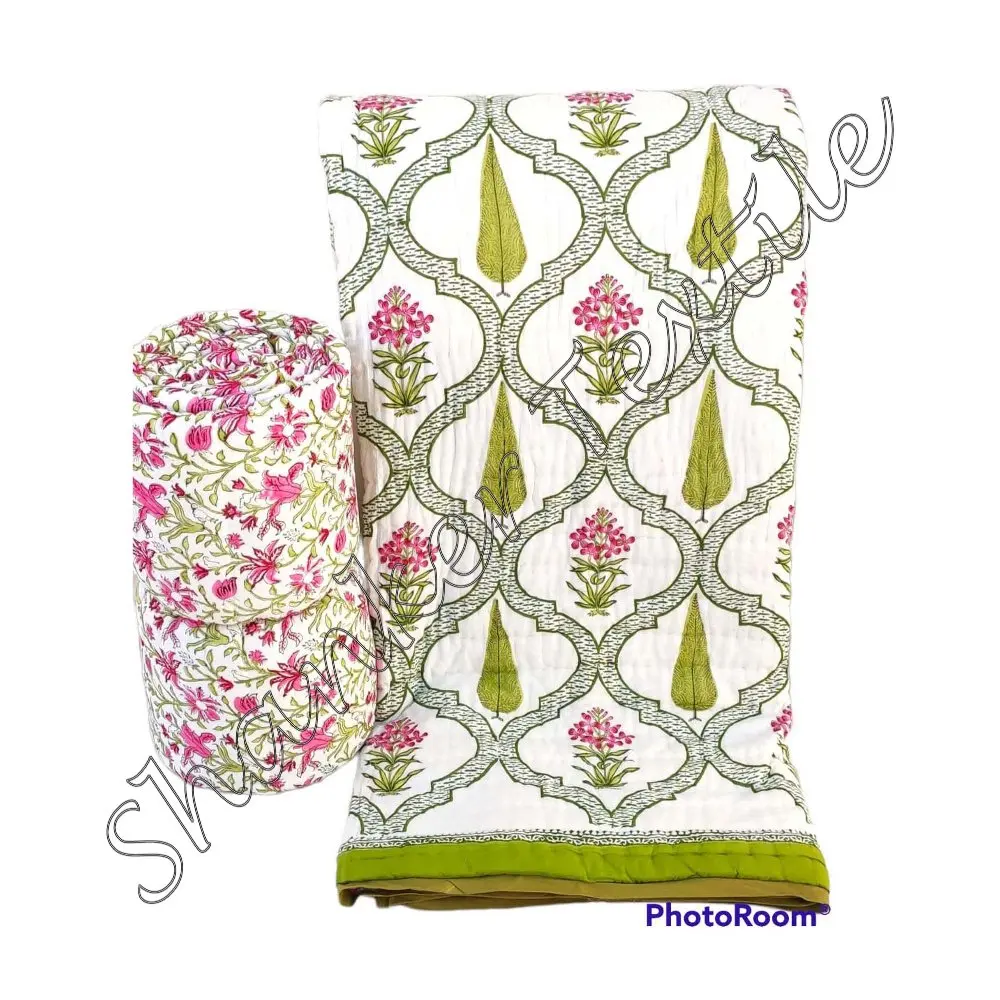 Jaipuri Indian Cotton Floral Print Queen Size Bedspread Rajai Ethnic Handmade Blanket Comfort Gudri Decor