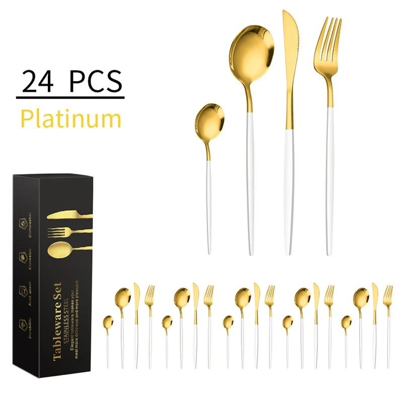 24 Pieces Portuguese Stainless Steel Silverware Set for Hote Wedding Matte Polished Flatware Set White Gold Cutlery Set