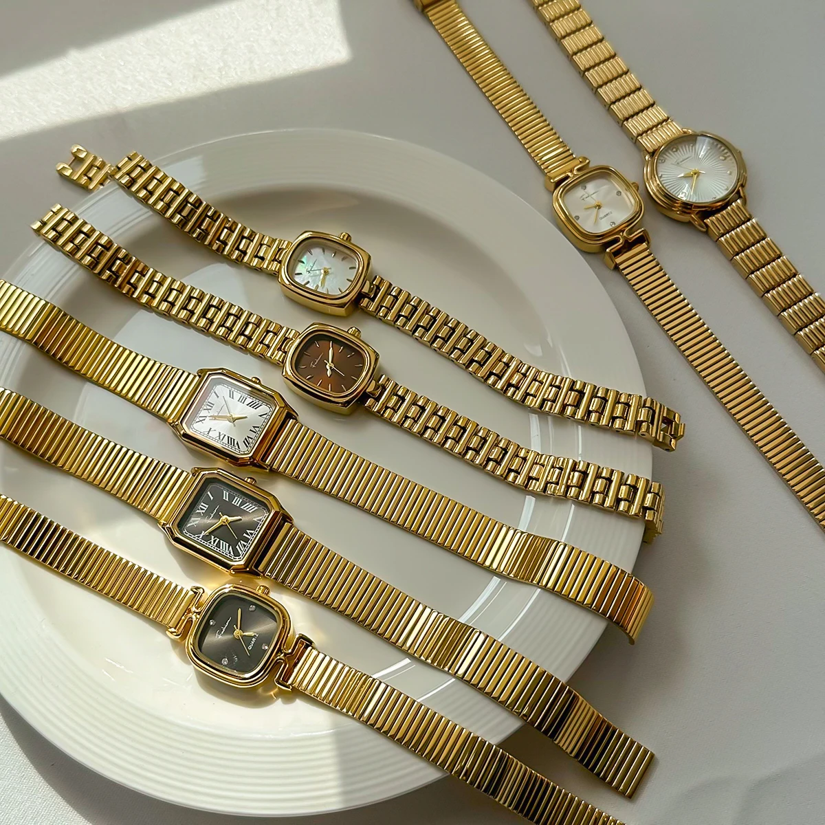 18k Gold Stainless Steel Square White Ribbed Quartz Strap Watch