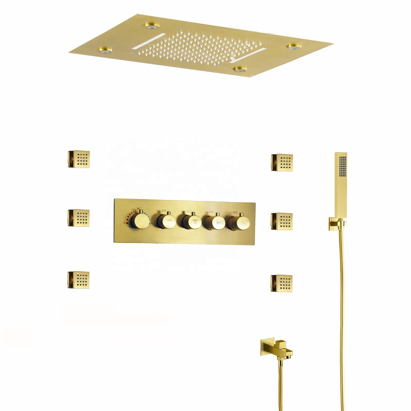 20*14inch Brushed Gold Bathroom Waterfall LED Shower Head Five-Function Wall Mounted Thermostatic Shower Set