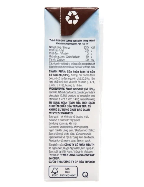 TH True Milk UHT Chocolate Fresh Milk 180ml No Preservatives Healthy Nutritious Pure Organic Flavored Milk