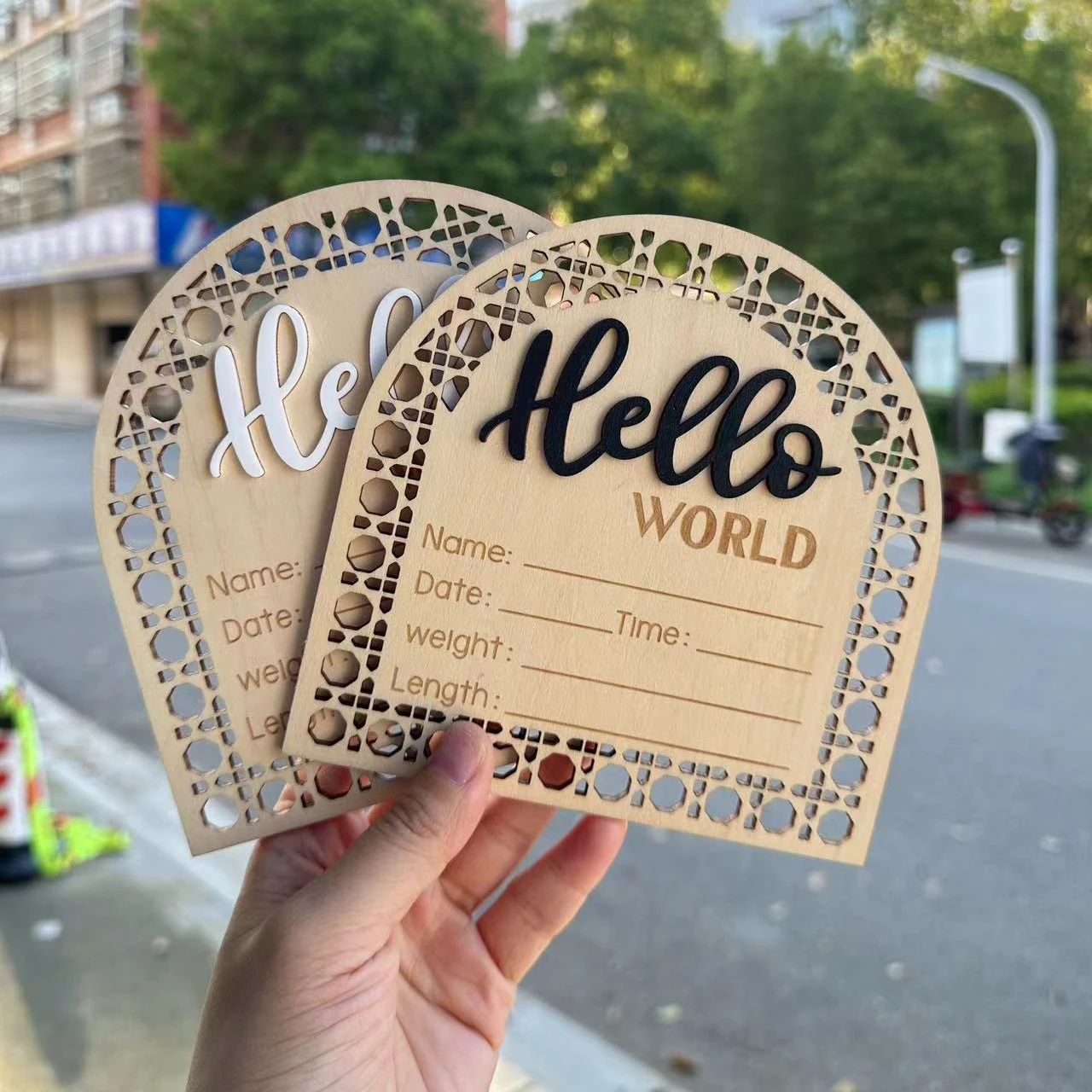 Arch Boho Wooden Newborn Hello World Birth Announcement Sign Baby Milestones Card Baby Birth Information Board for Baby Shower
