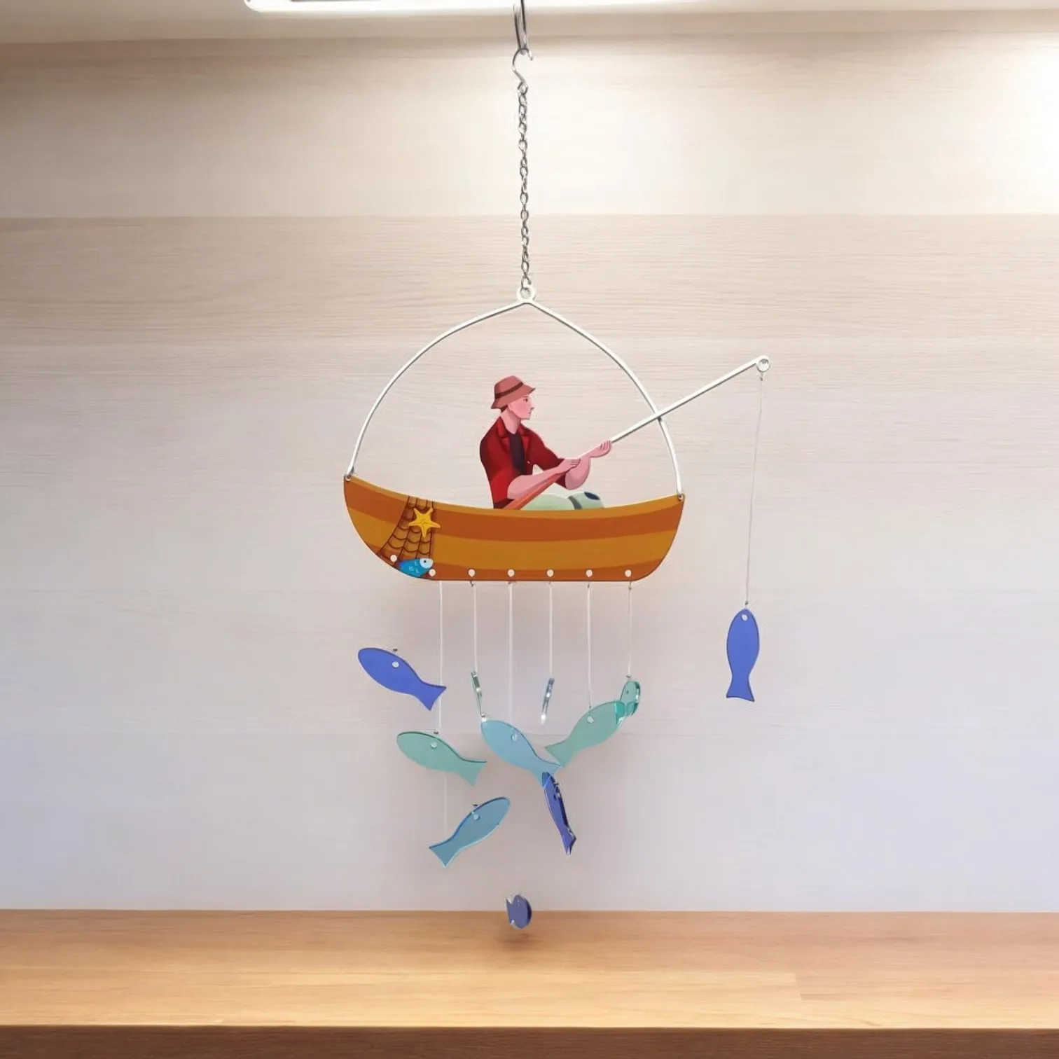 Acrylic Fish and Metal Fisherman Hanging Ornament - Ideal for Beach House Decor