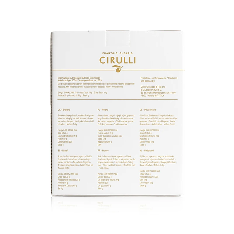 Finest Quality Italian Extra Virgin Olive Oil CIRULLI Cultivar Coratina Fast Delivery Bag in Box 3Liter for sale