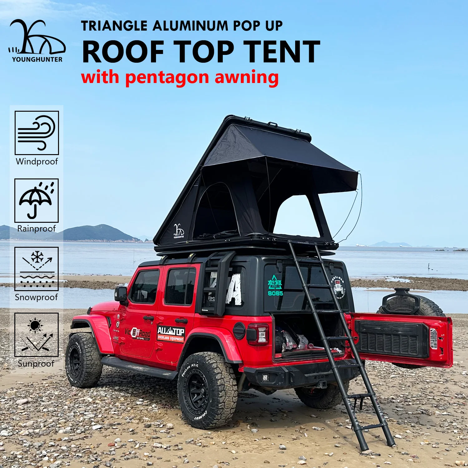 Younghunter Quality overland car multi angle awning pop up aluminum triangular hard top roof top tent