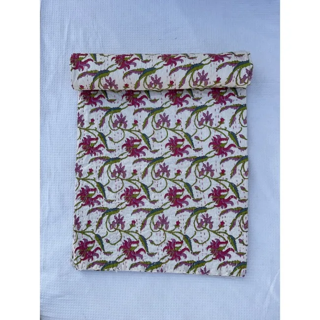 Indian Kantha Quilt Queen Handmade Kantha Bed Cover Throw Reversible Blanket Bedding Pure Cotton Throw