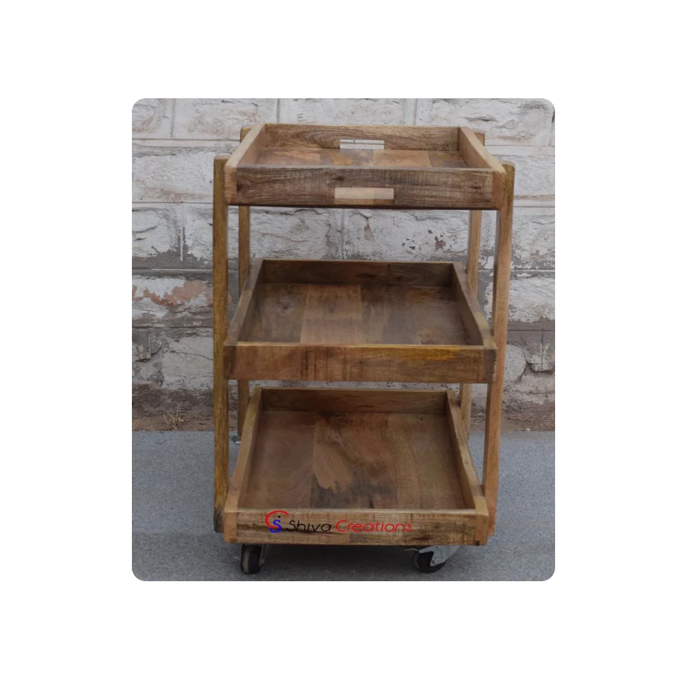 High Quality Modern Wooden Trolley Bar Cabinet With Wheels Mango Wood Furniture Indoor Modern Wood Furniture
