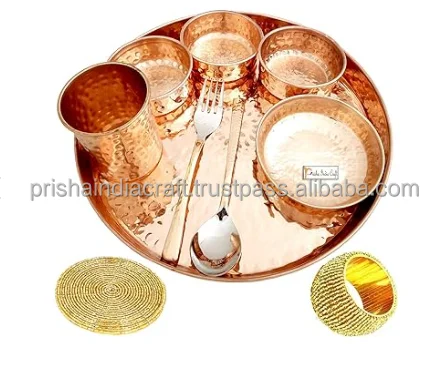 indian thali set Hammered Traditional Crockery copper Set Of Thali Plates Bowls Glass And Spoon Serving Tableware