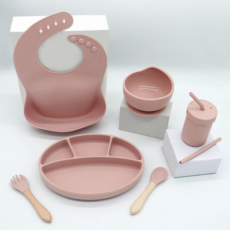 cheap price Food Grade BPA Free kids dinner supplies silicone bib spoon bowl baby eating baby feeding set