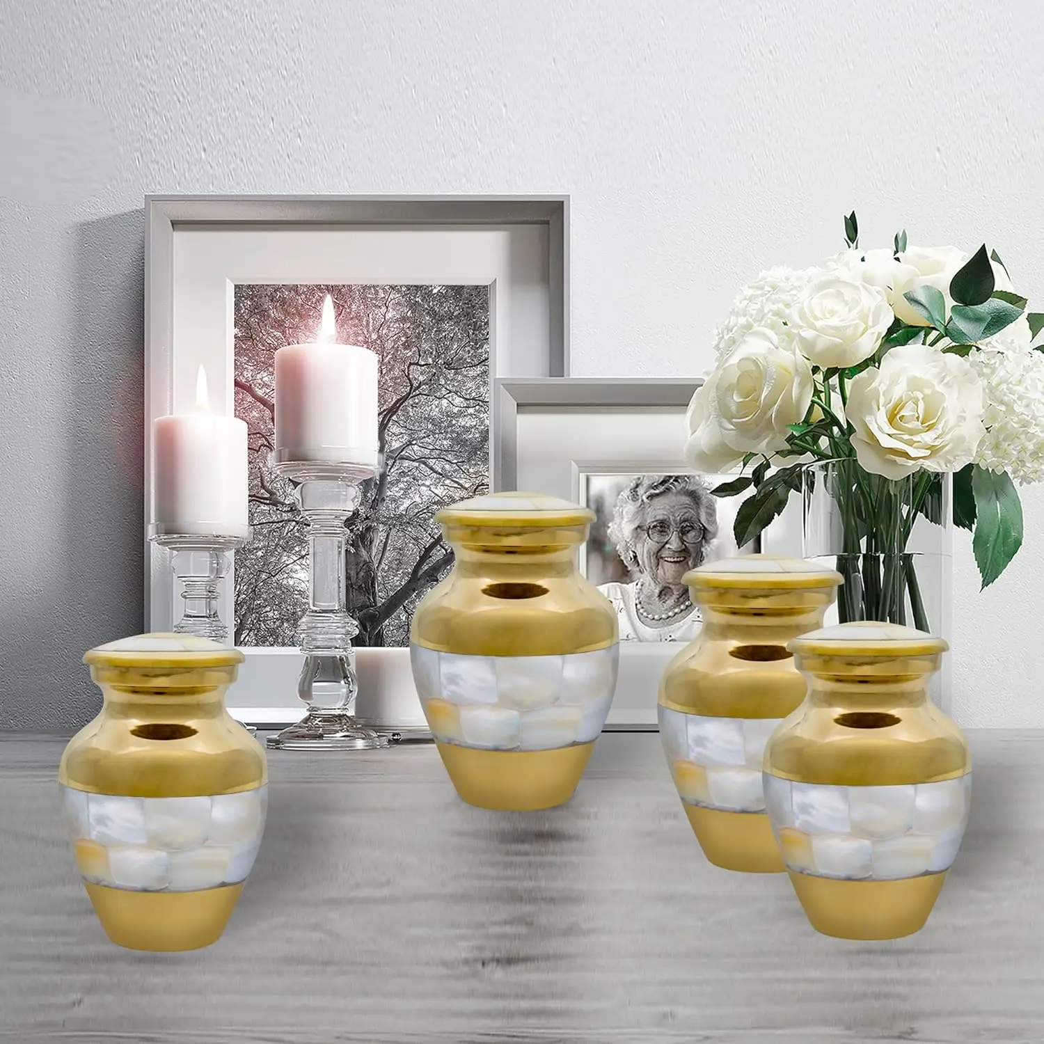 Brass Keepsake Cremation Urn for Small Ashes,Mother of Pearl Set of 4 Token Urns Set with Black Box