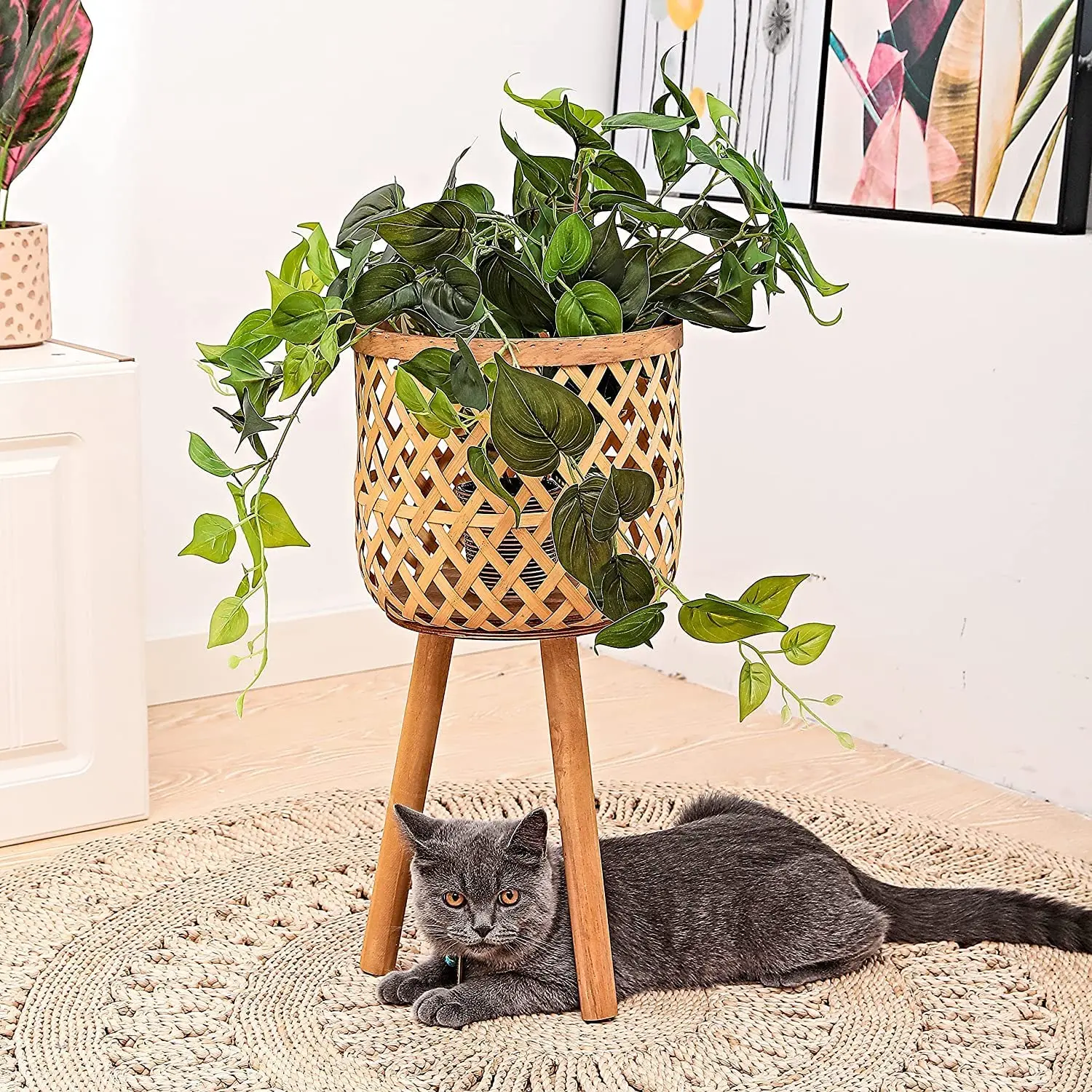 Unique Design Jute Rope Handwoven Planters Pot Basket Wicker Plant Pot with Stand for Indoor and Outdoor Decor