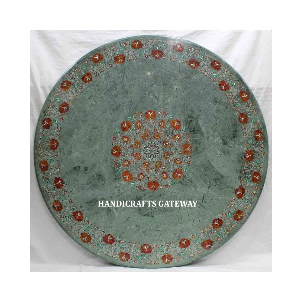 Elegant Polished Mother Of Pearl Inlay Work Coffee And Dining Table Top For Handmade Round Shape green Marble Flower Inlay Table