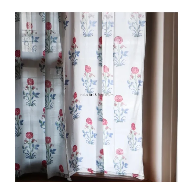 Floral hand block printed cotton window curtain drapes balcony bedroom window valance treatment blinds