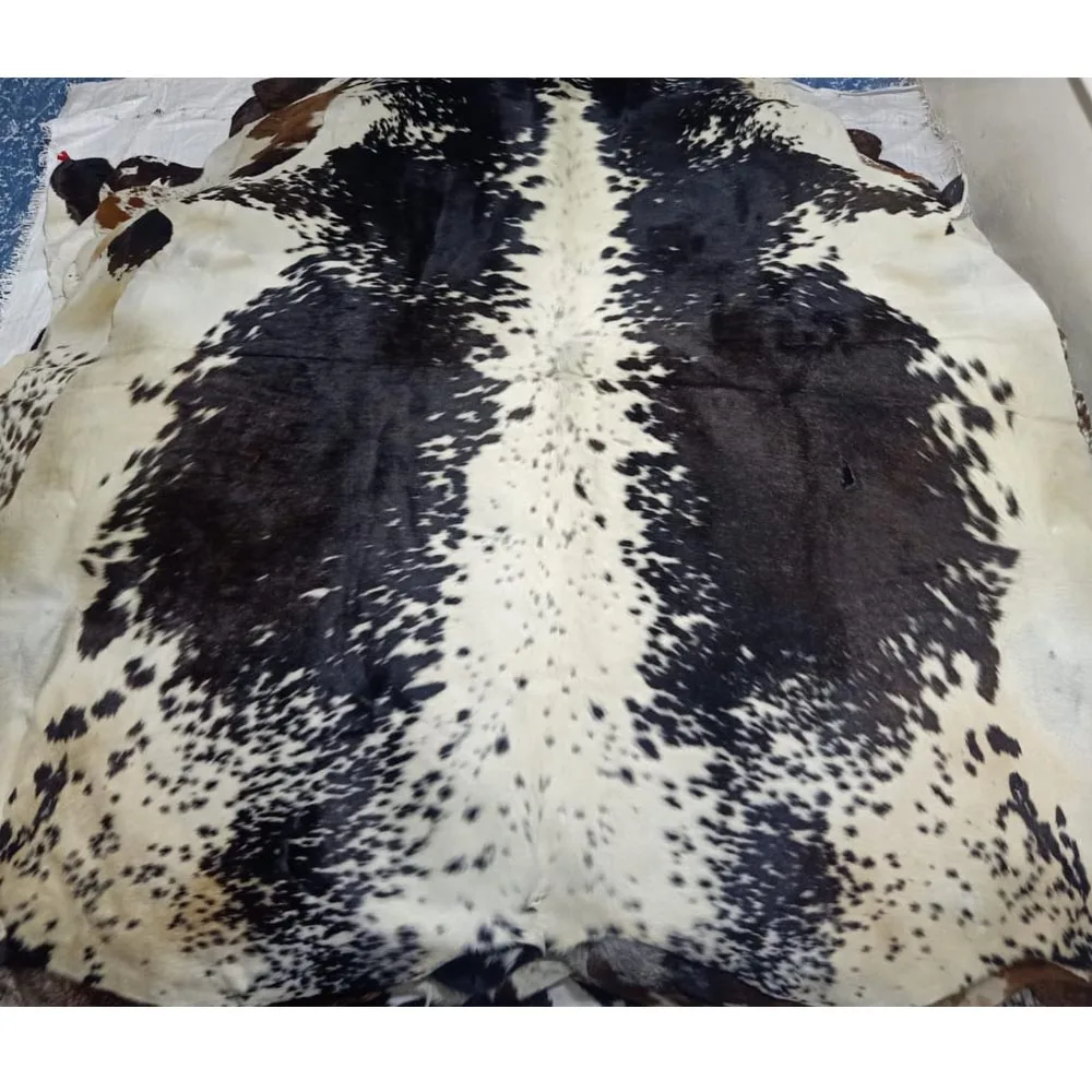 Cowhide Rug-Black and white Cowhide Rug-Living Room Rug-Hair On Rugs-Tri-colour Rugs-Brindle Cowhide-Ottoman Rugs-Soft Carpet