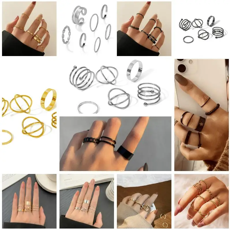 Metal Gold Color Rings Set Trendy Green Crystal Stone Ring For Women Fashion Bohemian silver Color Animal Snake Rings Jewelry