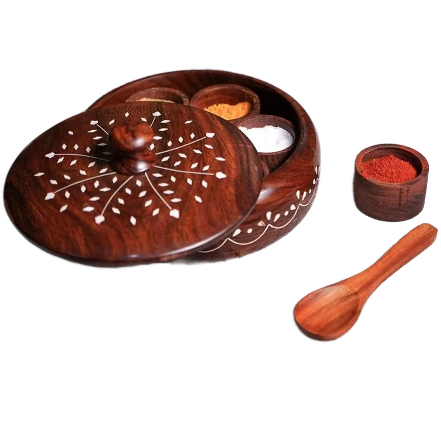 printed Round Wooden Spices Box of 7 brass Containers - High-Quality Spice Storage box for Kitchen