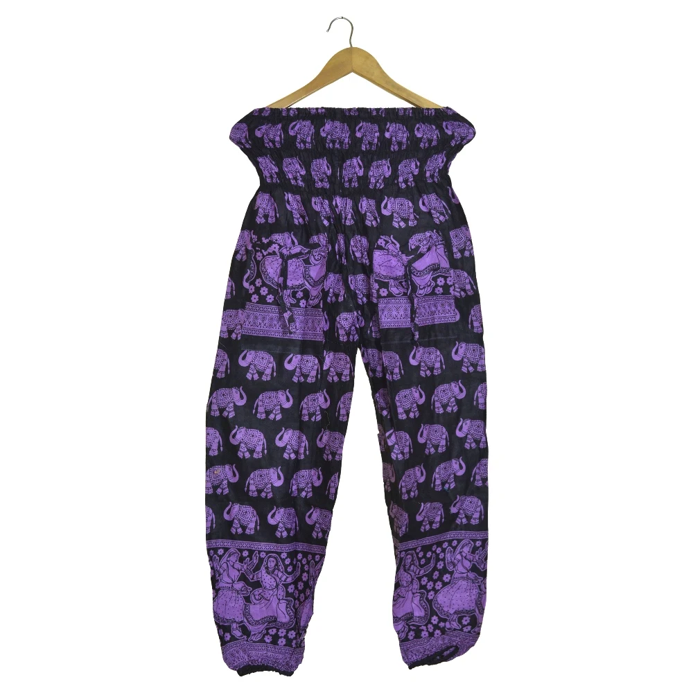 Elephant Harem Pants Drawstring Waist, Unisex Pants Ankle-length Pants Women Mid Waist 100% Cotton Printed Flat Front Bohemian