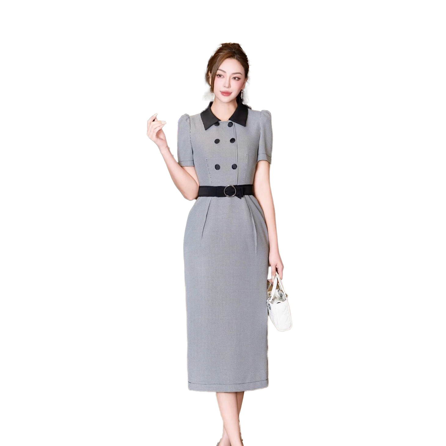 Vietnamese Crafted Elegance New Korean Design Luxury Plaid Print Midi Dress with Slim Waist Belt for Women