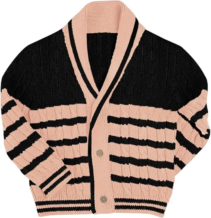 Hot Sale Customizable Boys Cable Knit Sweater Long Sleeve Striped Cardigan Shawl Collar Kids Casual Wear Winter Clothes 4-14Y