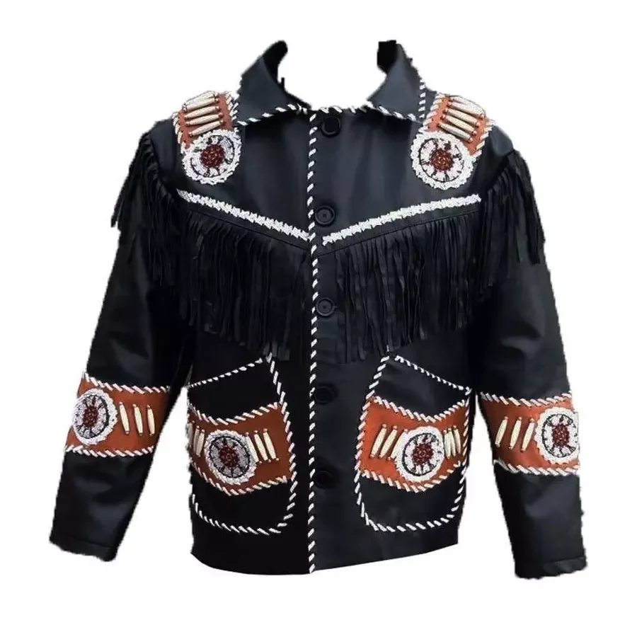 High Top Quality Fringed & Beaded Original Cow Suede Leather Western Style Men Cheap Cowboy Leather Jacket