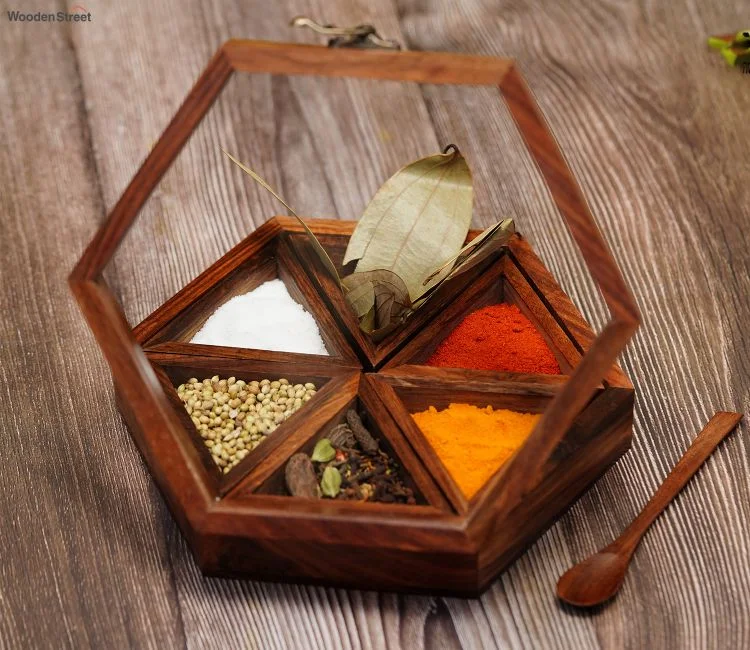 Best Quality Wooden Spice Box Containers With Spoon in Wood - Wooden Spice Box Set for Kitchen Hotel Restaurant Direct Factory