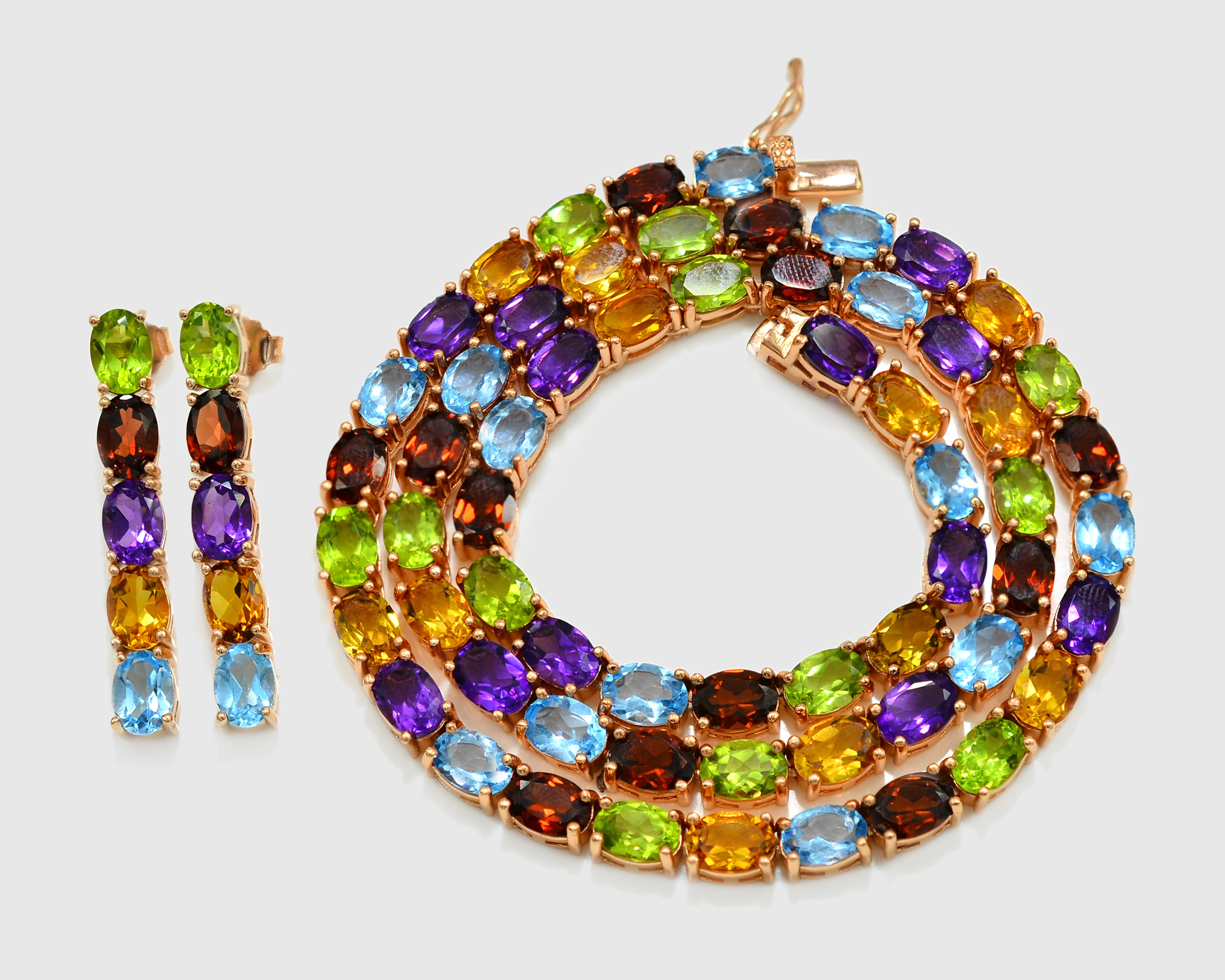 57 Carat Natural Swiss Blue Topaz Garnet Multi Gemstones Earring & Necklace Set Solid 925 Silver Bridal Set Manufacture In India