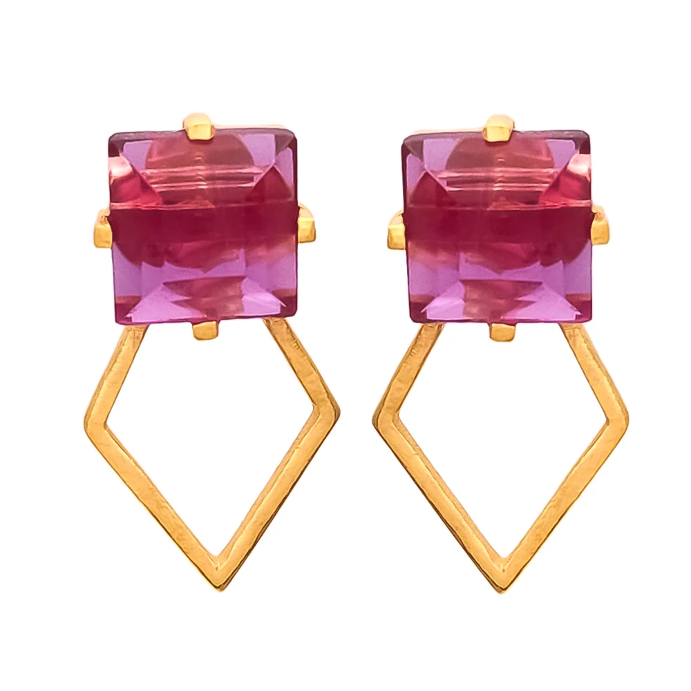 New Arrival Amethyst Blue Topaz And Pink Tourmaline Hydro Gemstone Gold Plated Brass Earring