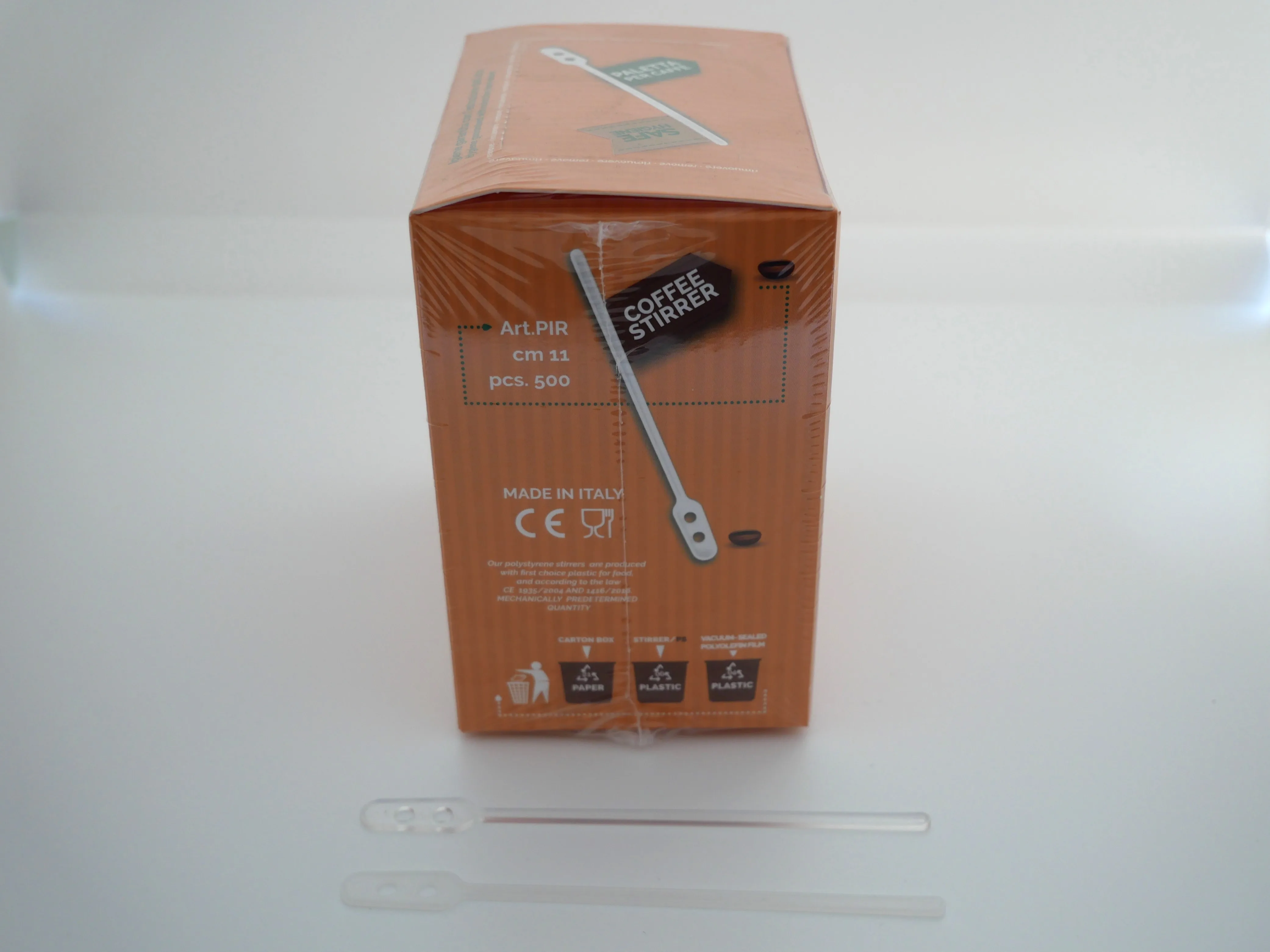 Bio premium quality italian coffee stirrers iconic shape recyclable plastic in hygienic box for hot cold drinks tea mm 110