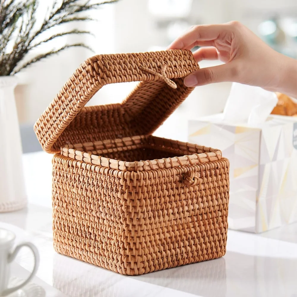 Elegant Brown Rattan Cylinder Tissue Holder Clear Tissue Box Cover for Kitchen and Home Decor Stylish Paper Storage Box