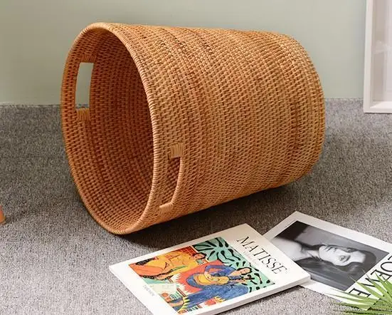 Handmade Rattan Woven Baskets Home Storage Organization Fabric Metal Cloth Lid Wicker Decorative Laundry Hamper Bathroom Use