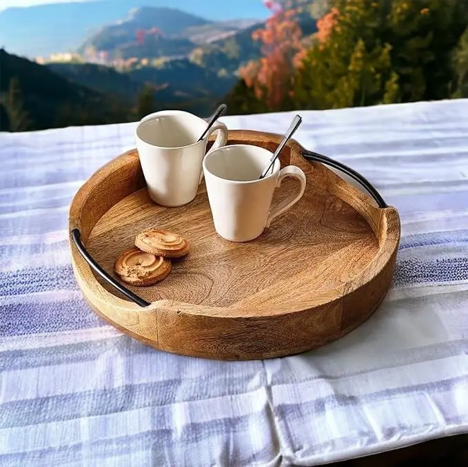 Classic Look Mango Wooden Serving Tray for Coffee Tea Drinks for Living Room Restaurant Decor At Lowest Price
