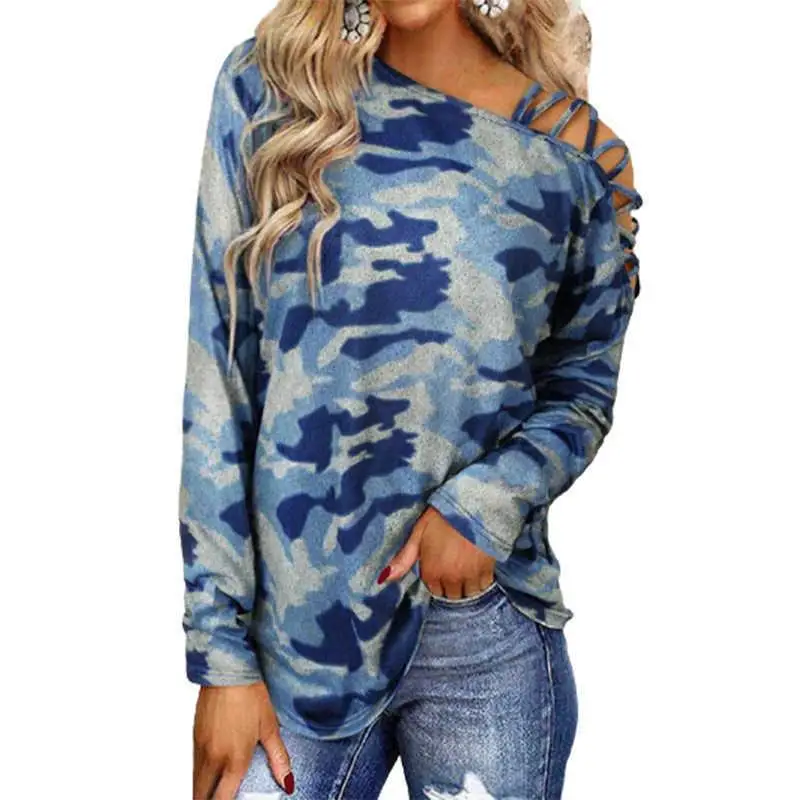 Fashion Shoulder Oversized Camouflage Ladies Long Sleeve Tee Shirts OEM Cotton Wear Working T Shirts for Womens