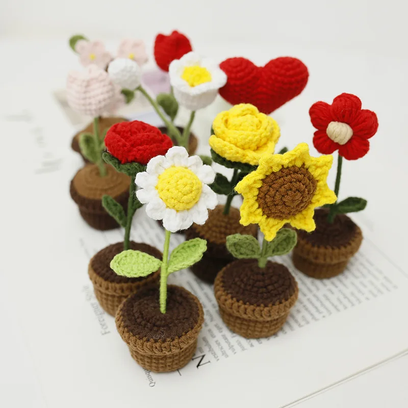 Wholesale Crochet Flower Decor Handmade Crochet Flower Pot Plant Knitted Potted Flowers Gift for Crochet Decoration Bouquet