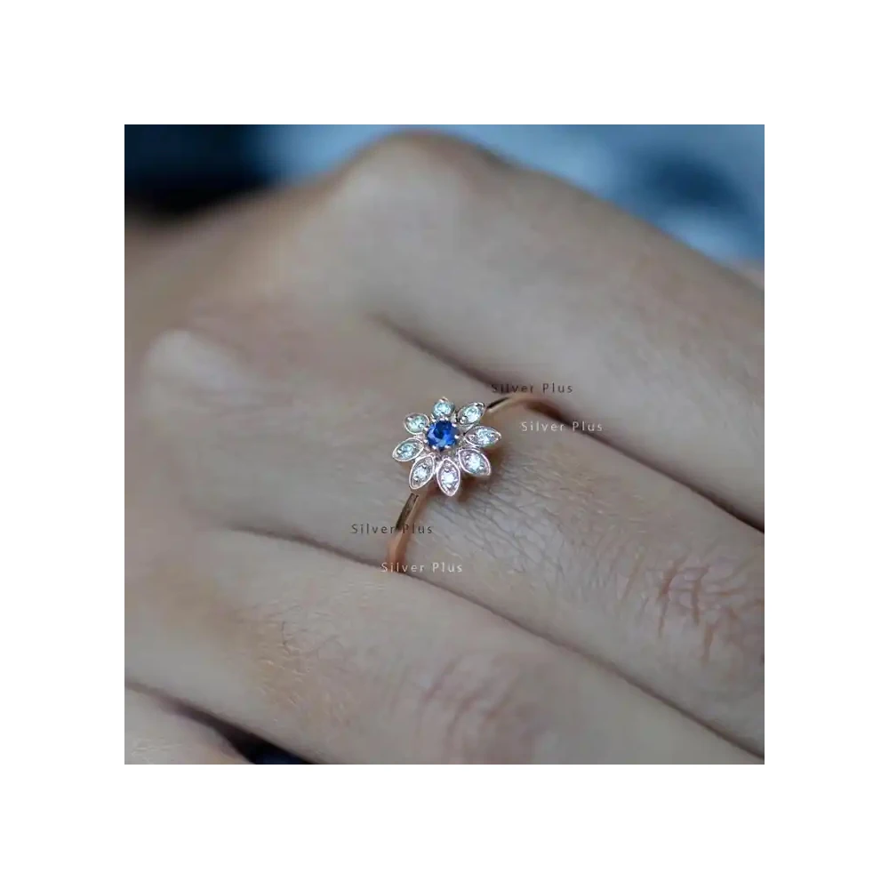 14k сплошное Золотое вдохновляющее цветочное дизайнерское кольцо с синим сапфиром и бриллиантами SI качество H цвет ювелирные изделия ручной работы
