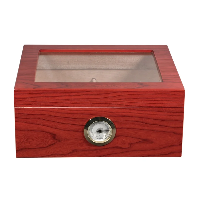 Wholesale Cigar Humidor Glass Top Cigar Box Wood Storage Case with Hygrometer Humidifier and Divider
