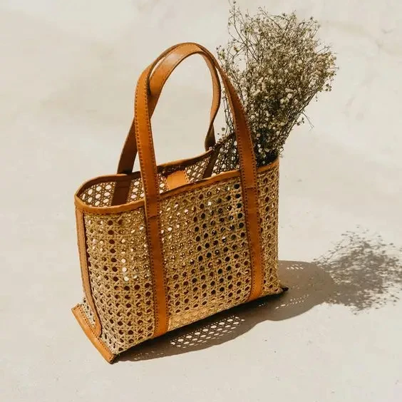 New Arrival Beautiful Leather Handle Rattan webbing cane bag Wholesale price and Free Sample