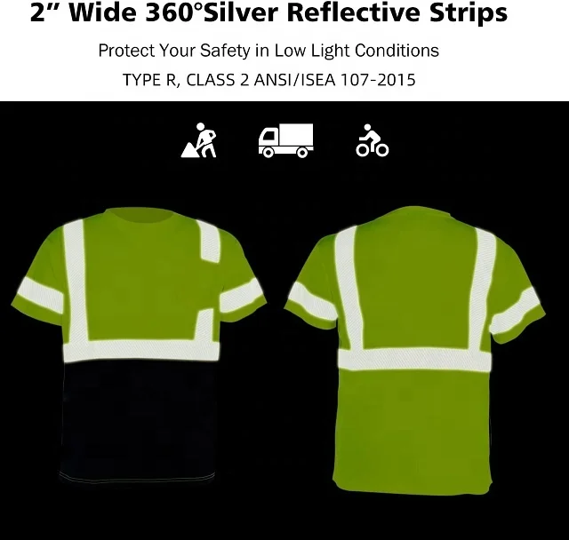 ANSI Class 2 Breathable Short Sleeve Construction Hi Vis Road Work Safety Green OEM High Visibility T-shirt S-5XL