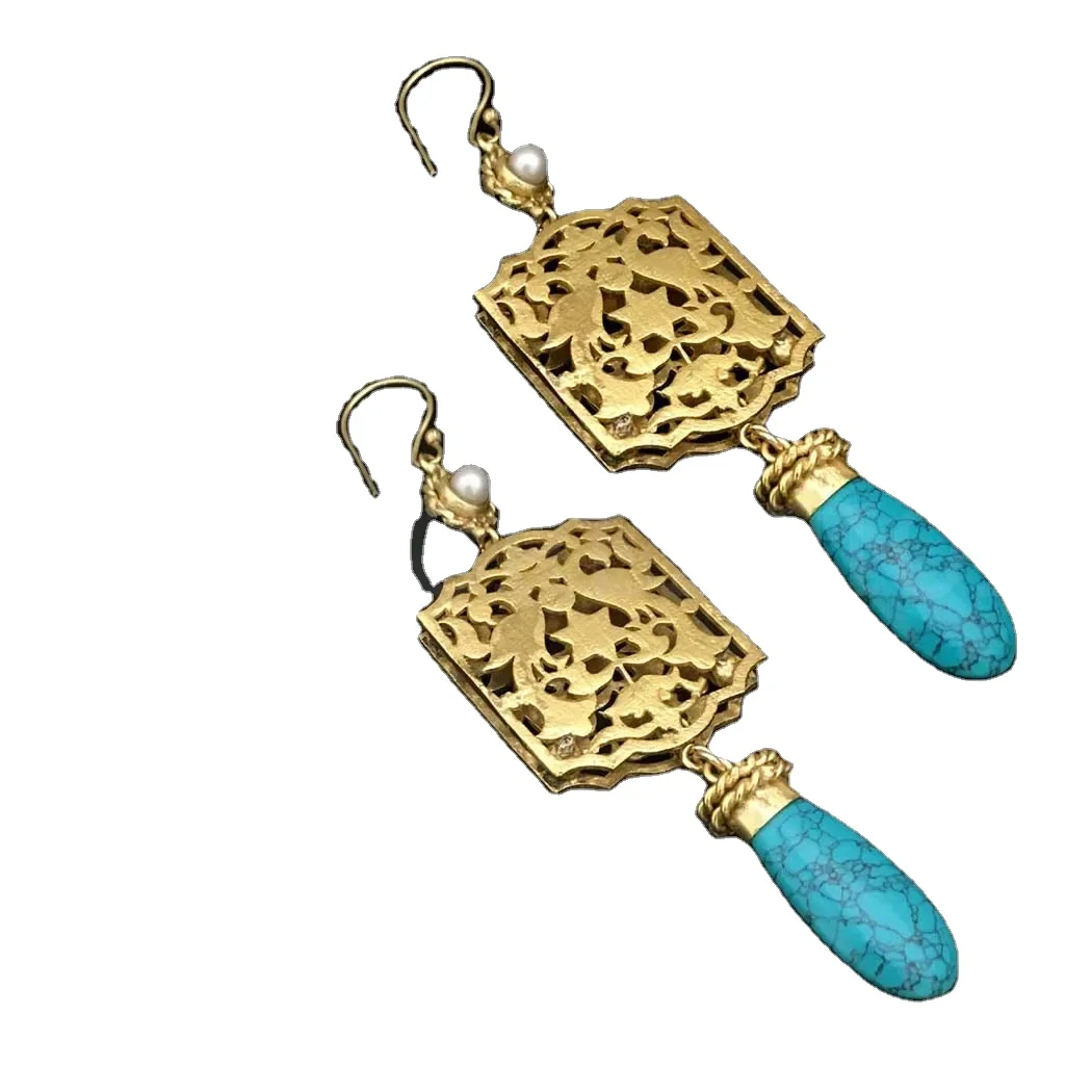 Gold plated Stylish Pearl and Turquoise Stone Vintage Style Handmade Ear wire Earring SKU6808 Handmade Premium